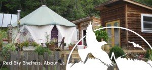 Header graphic featuring logo elements, tent home photo, and text reading "About Us"