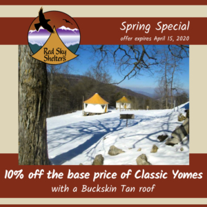 Social media graphic promoting spring special sale 10% off base price of Classic Yomes with Buckskin tan roof