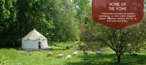 Info graphic featuring tiny yurt home reading Home of the Yome with features of Yome housing noted