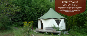 Info graphic featuring tiny yurt home with features of Yome housing noted