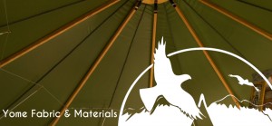 Interior detail of fabric roof of Yome yurt home with graphic logo elements overlay and text reading Yome Fabric & Materials