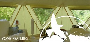 Interior detail of finely furnished Yome tent home with graphic logo elements overlay and text reading Yome Features