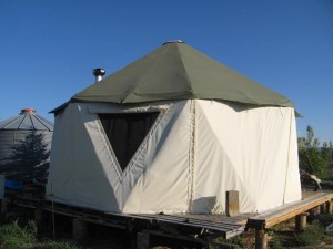 A group of portable shelter homes on wood decks including true yurts and the yurt-dome hybrid Yome by Red Sky Shelters