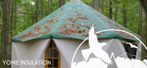 Yome portable tent house in the woods with logo elements overlayed and text reading Yome Insulation