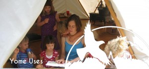 Picture of woman teaching small children inside a Yome portable yurt home with logo graphic overlay and text reading Yome Uses