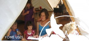 Woman teaching children in Yome tent structure with graphic logo elements overlayed and text reading Yome Uses