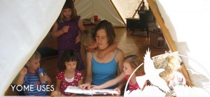 Picture of woman teaching school to small group of children in a tent Yome structure with logo elements overlayed and text Yome Uses