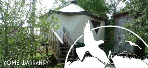 Tiny tent home with logo elements and text reading Yome Warranty