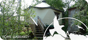 Tiny tent home with logo elements and text reading Yome Warranty